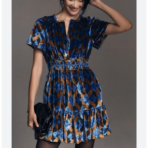 Anthropologie Somerset Mini Dress Velvet Blue Brown Short Sleeve Sz S - Picture 1 of 8